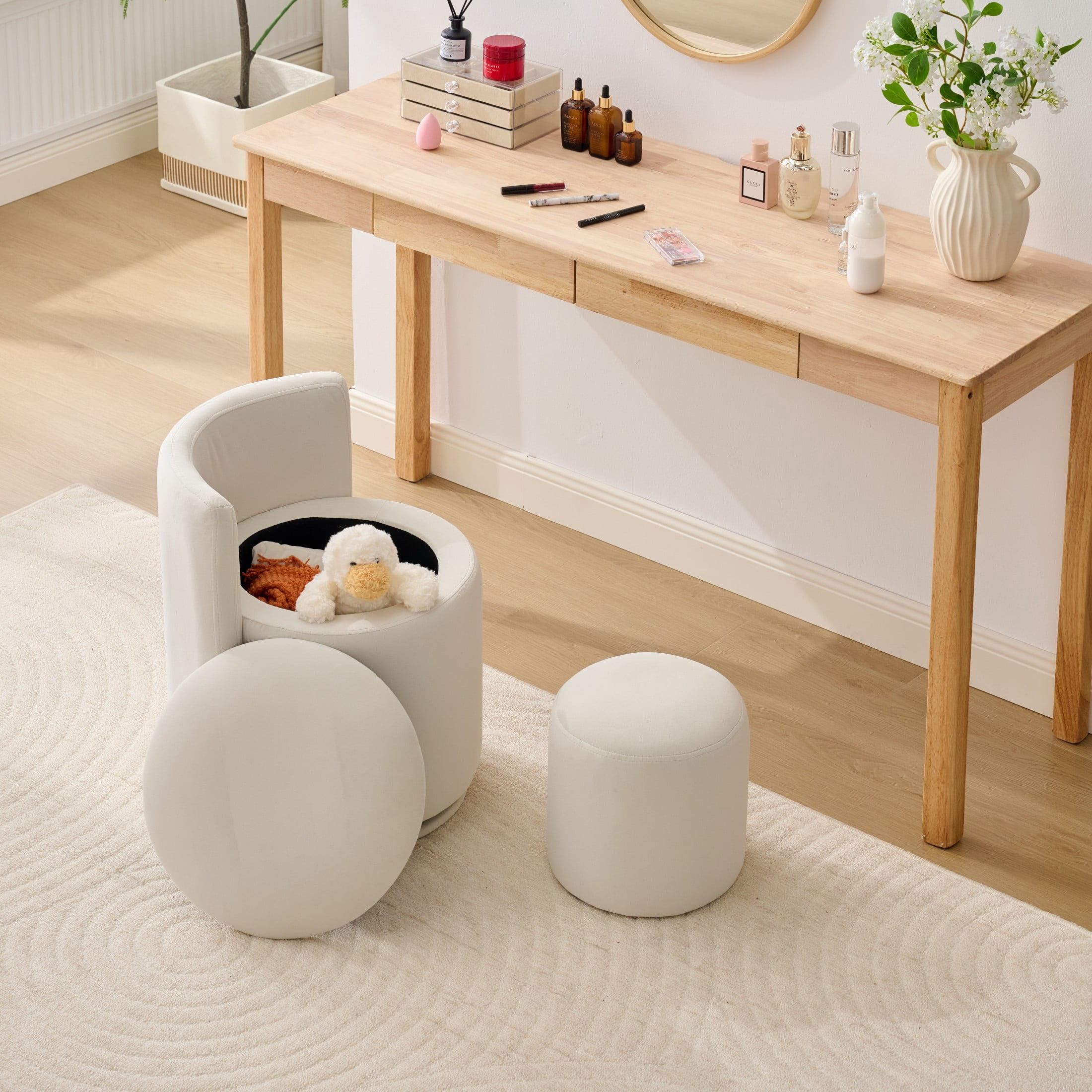 Noble House Velvet Swivel Accent Chair with Ottoman & Toss Pillow, Storage Barrel Chair, Beige