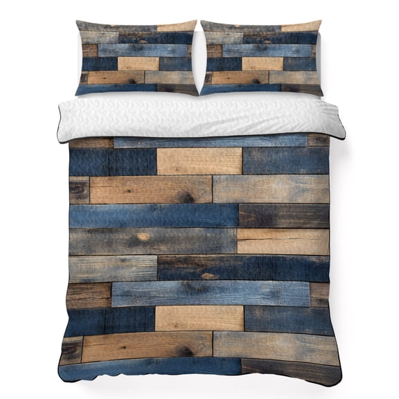 King Quilt Set 96''x106'', Navy Blue Brown Wood Lightweight Summer Bedspread Coverlet Set with 2 Pillow Shams, Farmhouse Vintage Wooden Breathable All Season Quilt Bedding for Bedroom/Guest Room