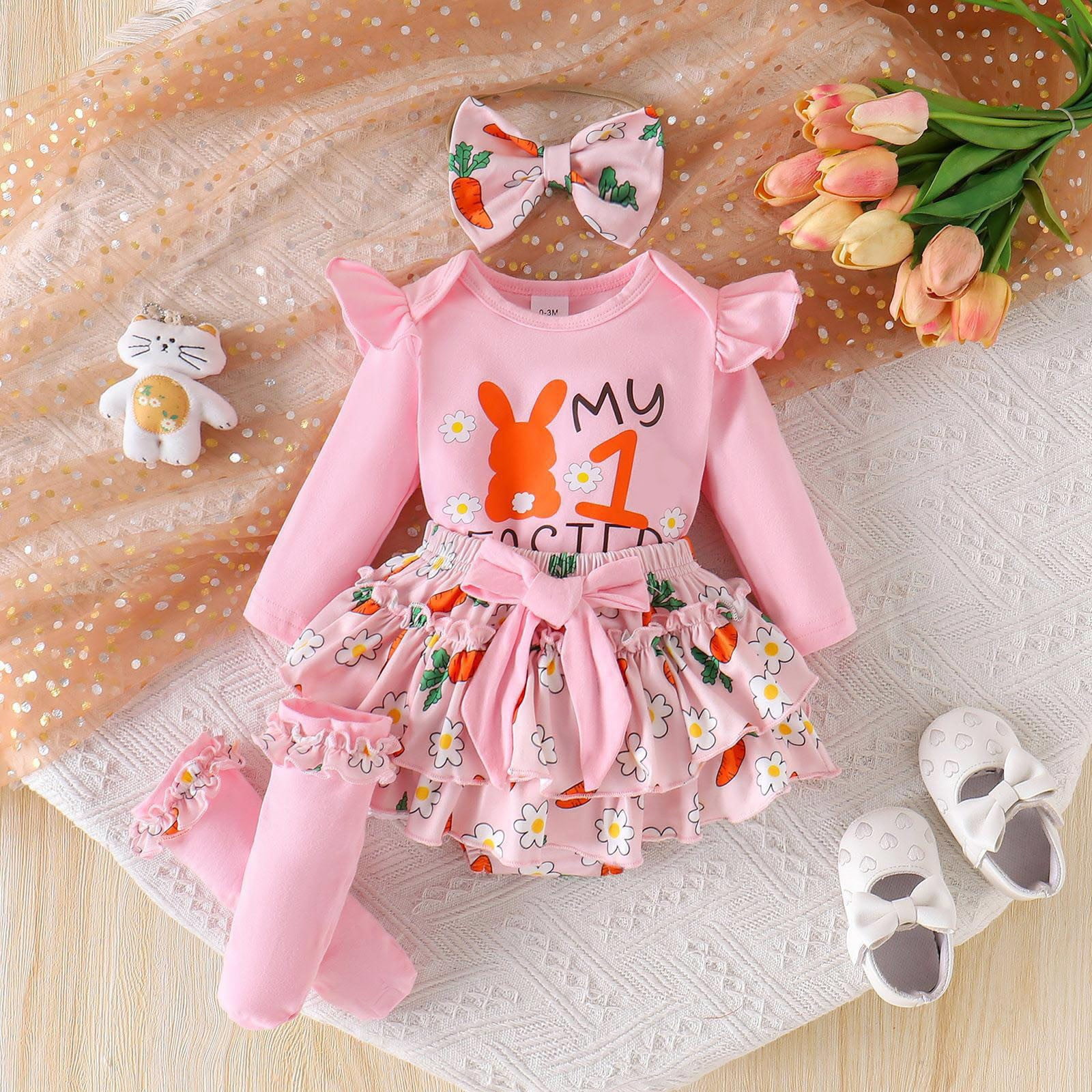 Jamsmile Newborn Girls Outfits Sets 1st Easter Day Bunny Print Romper With Floral Headband 3pcs Baby Girls Princess Outfits