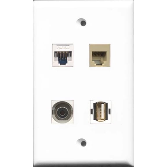 RiteAV 1 Port USB A-A and 1 Port Phone RJ11 RJ12 Beige and 1 Port 3.5mm and 1 Port Cat5e Ethernet White Wall Plate