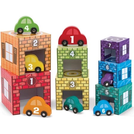 Melissa & Doug Nesting & Sorting Garages & Cars (Developmental Toys, Match-and-Stack Set, 7 Cars &