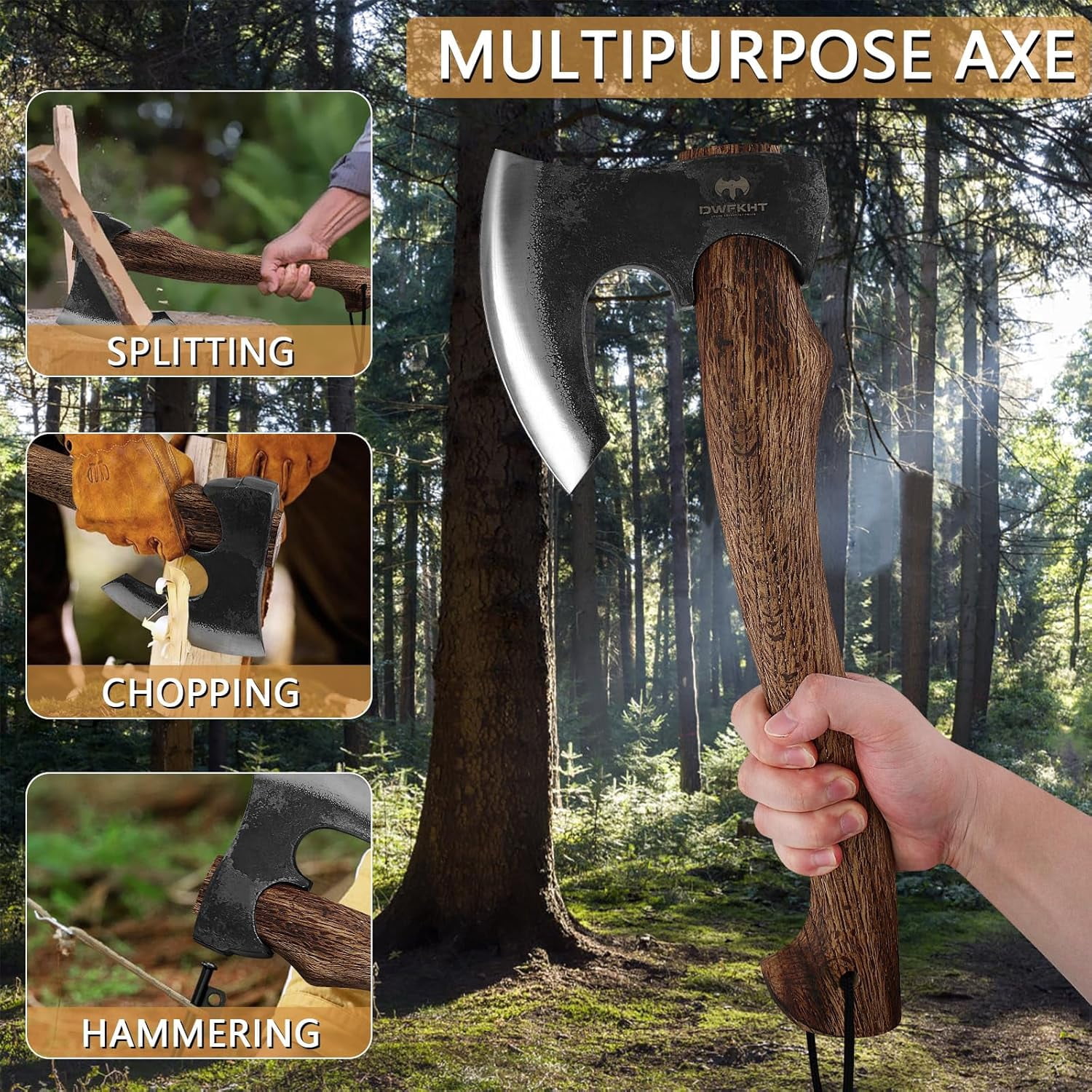 DWFKHT 15.7" Camping Hatchet Axe with Sheath, 1065 Steel Bushcraft Tool for Wood Chopping & Outdoors