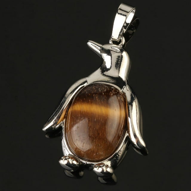 Collier Pendentif Pingouin Femme Pierre Naturelle Œil de Tigre Mignon Animal Homme