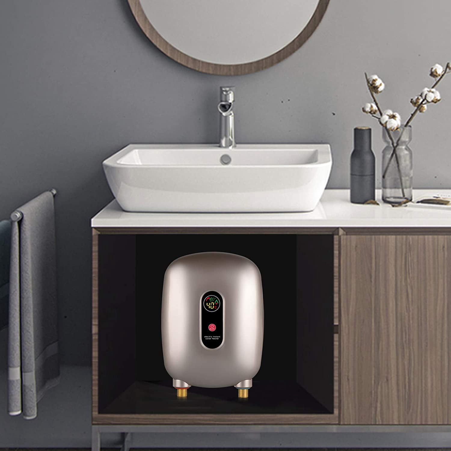 Fichiouy 3KW Electric Water Heater Mini Electric Tankless Instant Hot Water Heater with LCD Display for Bathroom Kitchen Gold