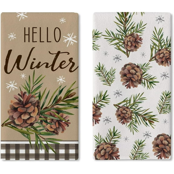Hello Winter Brown Kitchen Dish Towel, Pine Cones Branches Snowflakes Drying Hand Towel Baking Cooking Cloth, Christmas Buffalo Plaid Farmhouse Home Decoration 18 x 26 Inches