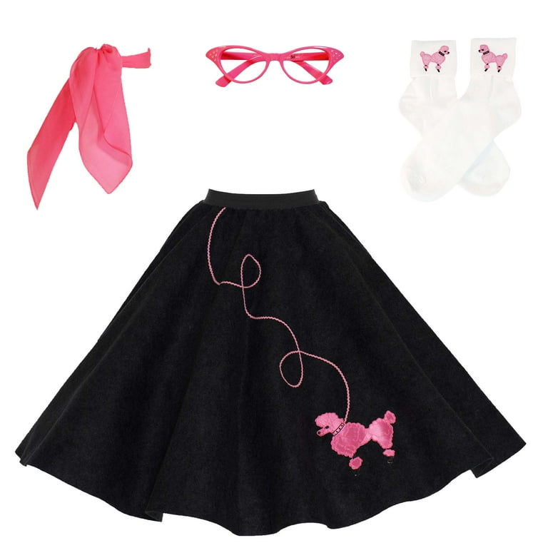 Hip Hop 50 s Shop 1950s Adult 4 Piece Poodle Skirt Costume Outfit for Women with Accessories glasses socks scarf Black w Hot Pink M L Walmart