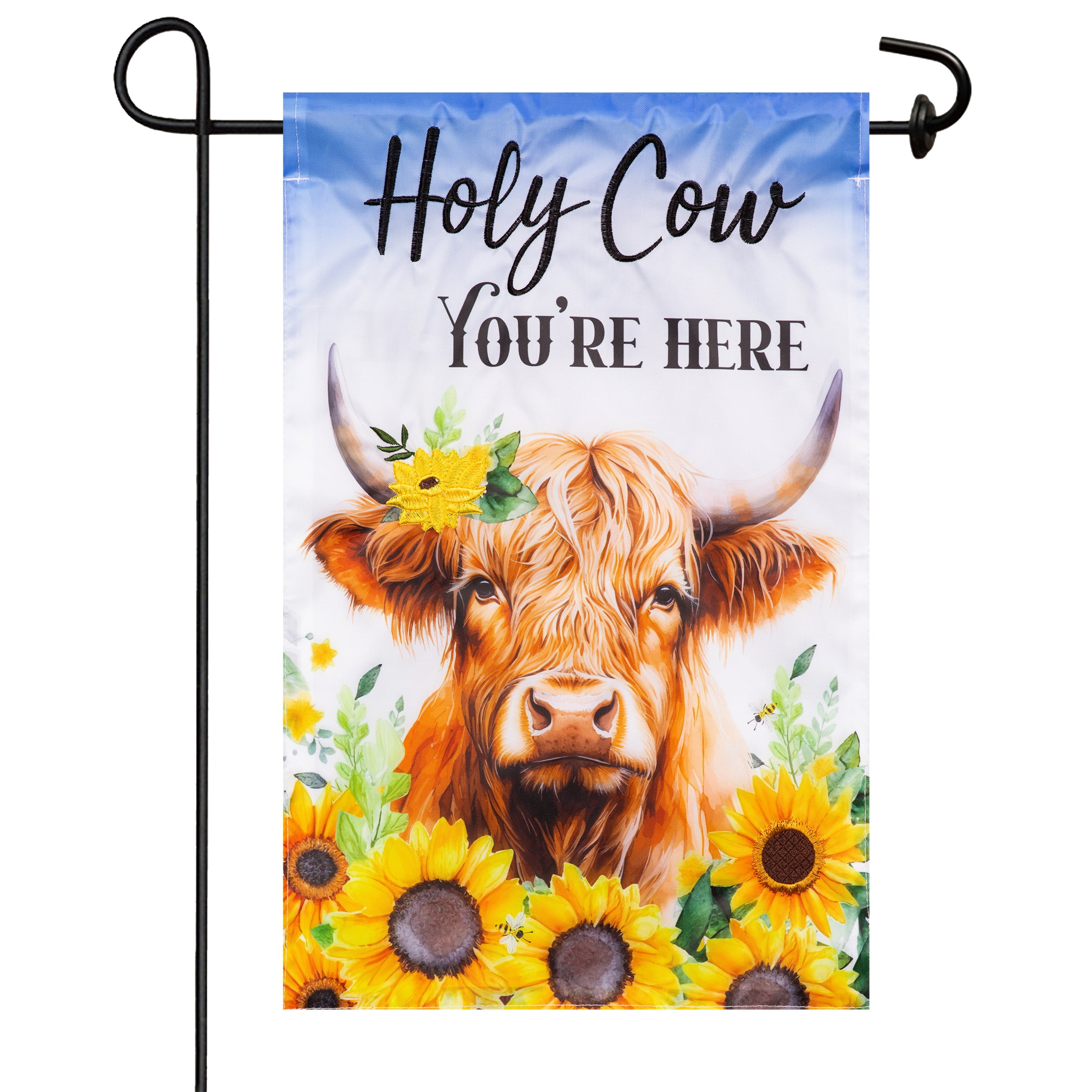 (2 pack) Meadow Creek 11.5" x 18" Holy Cow You're Here Highland Cow Outdoor Yard Flag