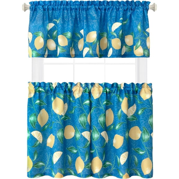 Newbridge Mediterranean Lemon Zest Tier Curtain and Valance Set, Blue/Yellow Provence Lemon Print Tier Set, 24” Long Tier Pair and Valance - 60" x 24" (Set of 2 Tiers & Valance)