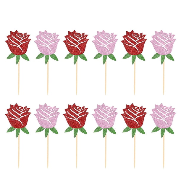 12 unids/set hermosa forma de rosa pastel Topper hecho a mano toque festivo madera pastelería Topper para el hogar