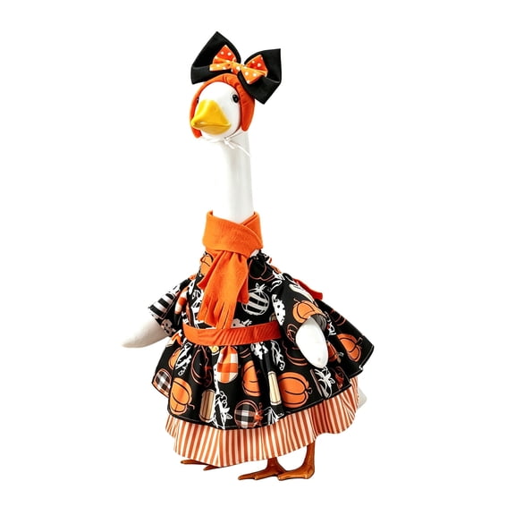 23 Inch Porch Goose Outfits 3 Piece Fall Pumpkin Set with Layered Dress Scarf and Bow Headband for Lawn Goose Statues Halloween Front Porch Holiday Decor