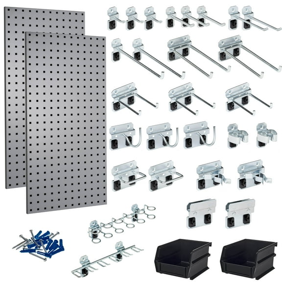 Triton Products LB18-GKit (2) 18" W x 36" H x 9/16" D Gray Steel Pegboards with28 Hooks and 2 Bins