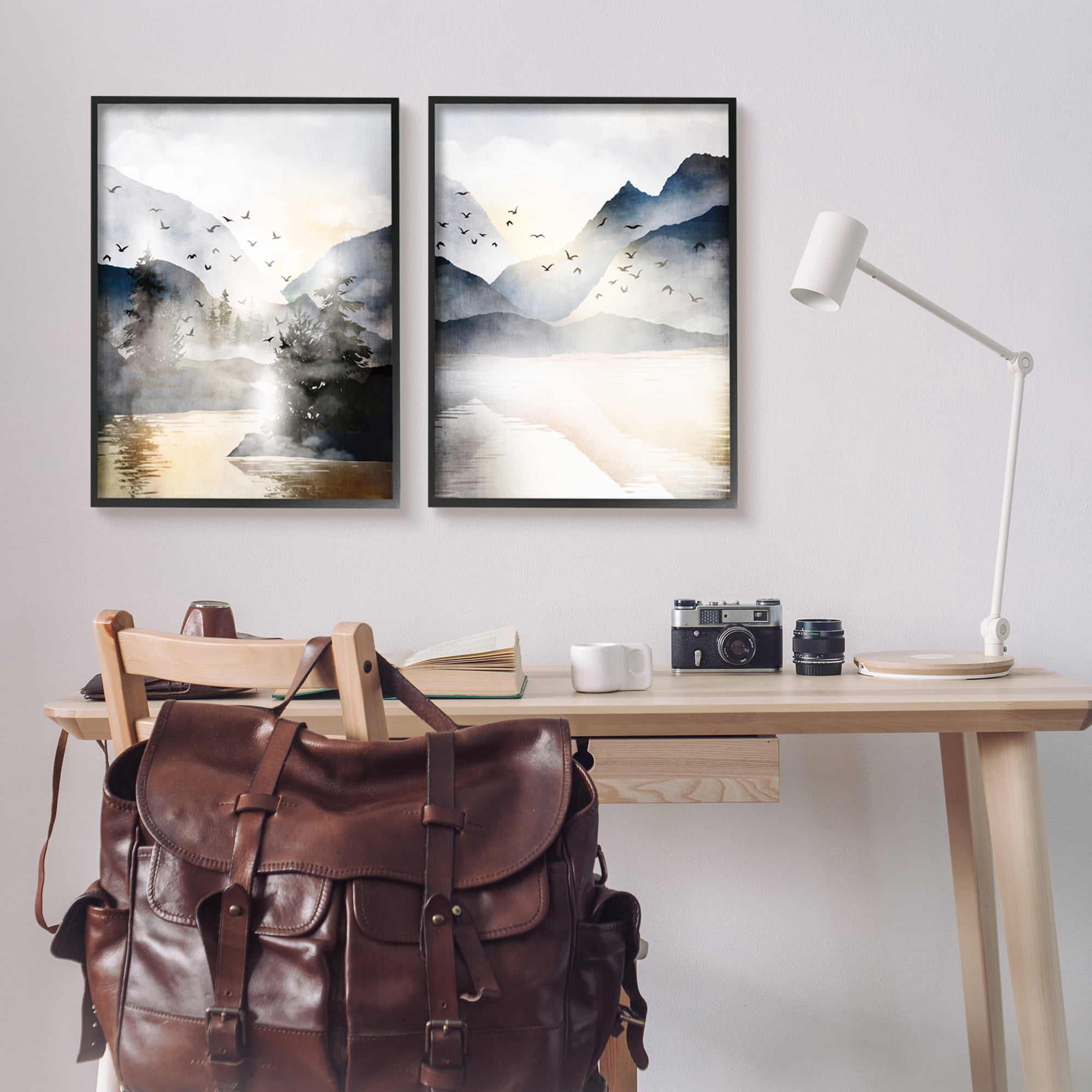 Stupell Sunlit Birds Over Lake Landscape Landscape Painting Black Framed Art Print Wall Art, Set of 2