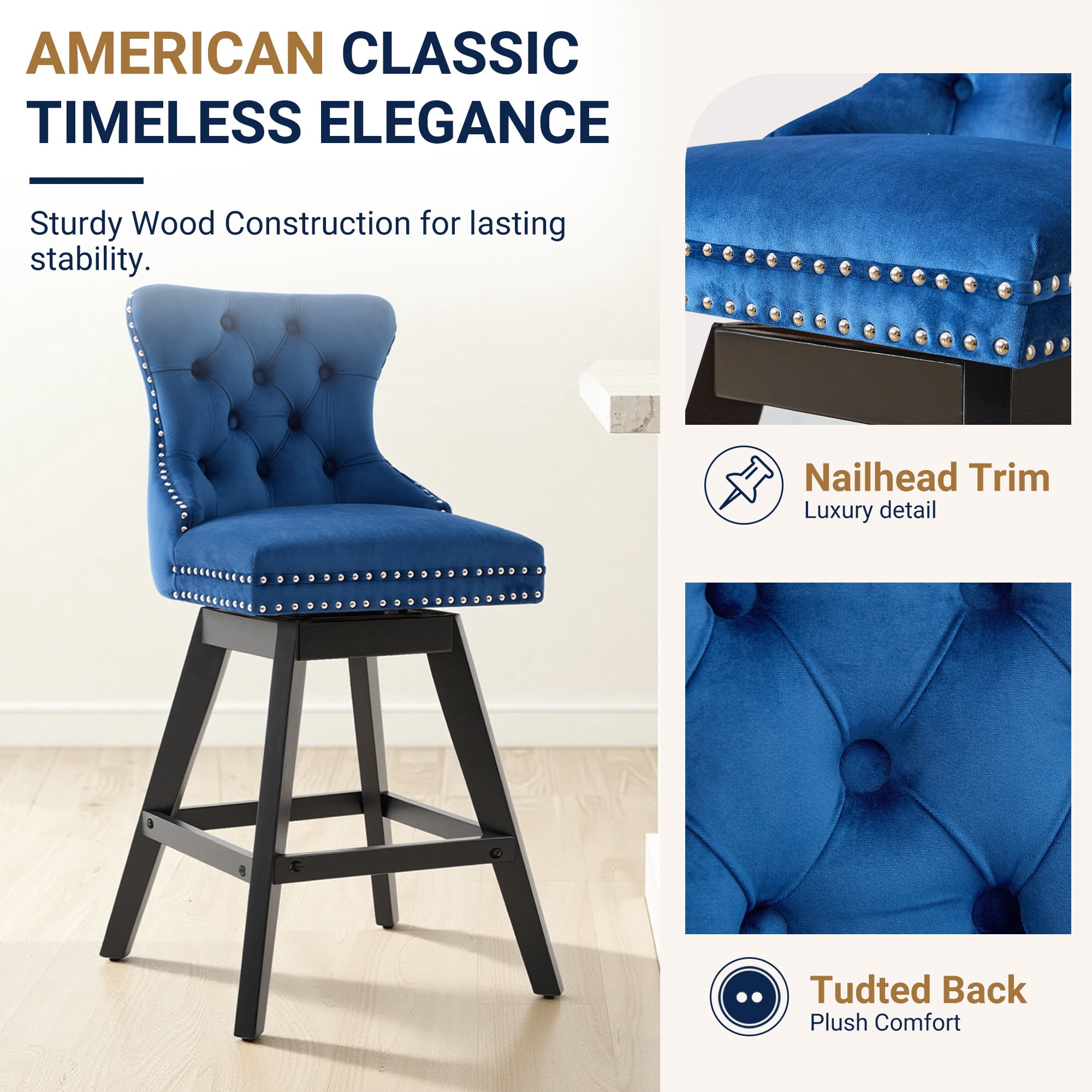 Swivel Bar Stools Set of 4, 26" Counter Height Bar Stools with Back, Farmhouse Velvet Barstools for 34–38" Kitchen Island, Blue (Set of 4)
