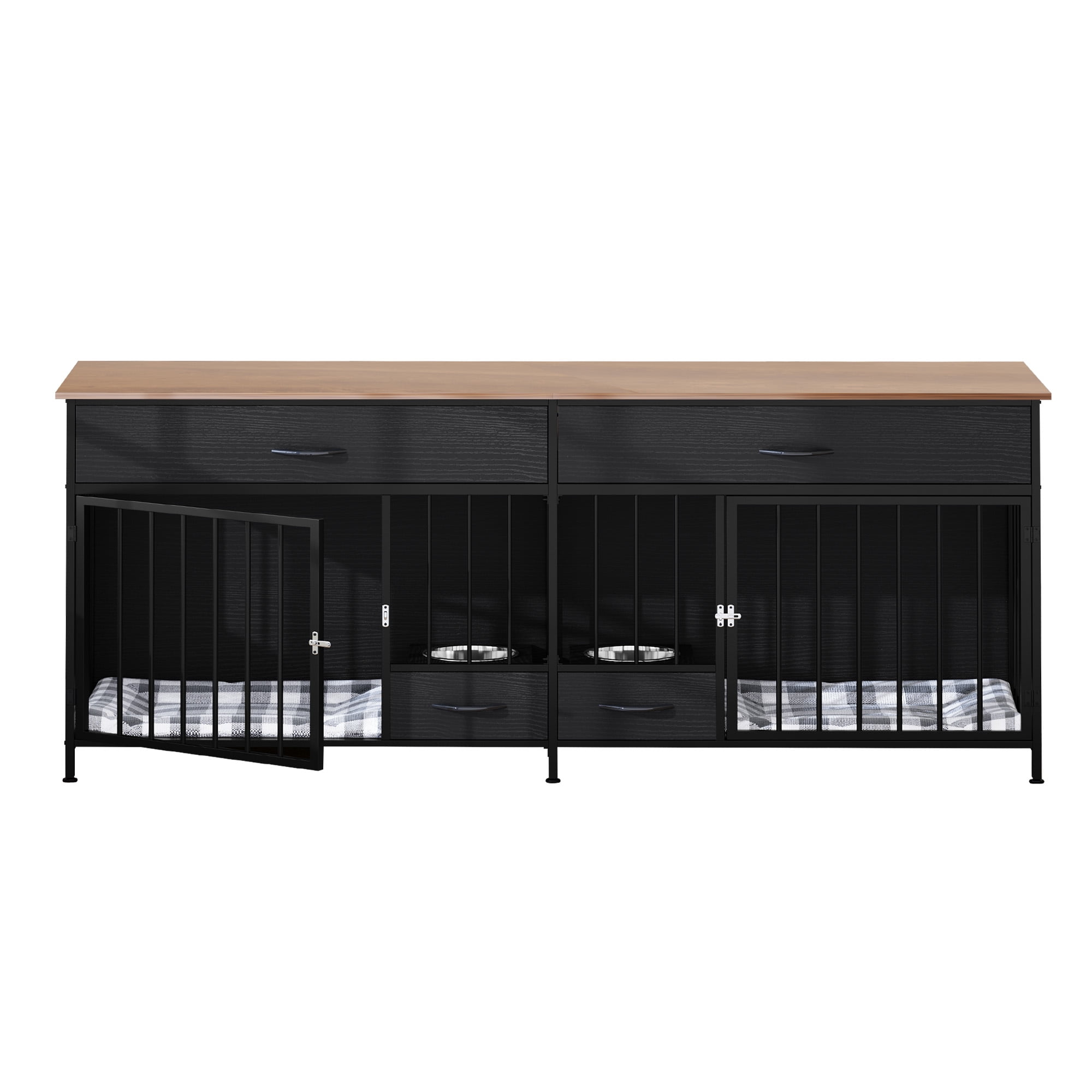 ModFusion 74" Black Double Dog Crate Furniture with 2 Drawers – Heavy-Duty Wood Pet Kennel & TV Stand for 2 Dogs, Lockable Doors, Modern Design