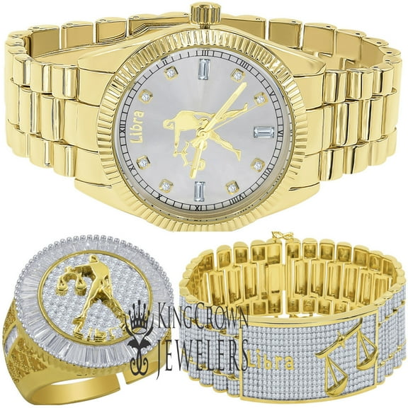 Mens Libra Scales Lucky Zodiac Sign 14K Gold Finish Simulated Diamond Custom Watch Bracelet Ring 3 Piece Combo Set