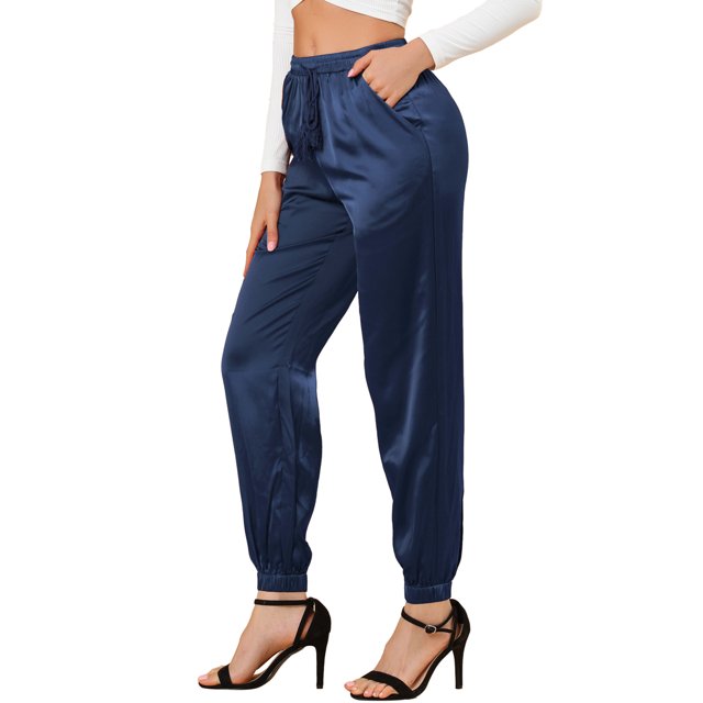 INSPIRE CHIC Pantalones deportivos de cintura elástica con cordón para mujer, pantalones de chándal de satén hasta el tobillo con bolsillo Azul real M