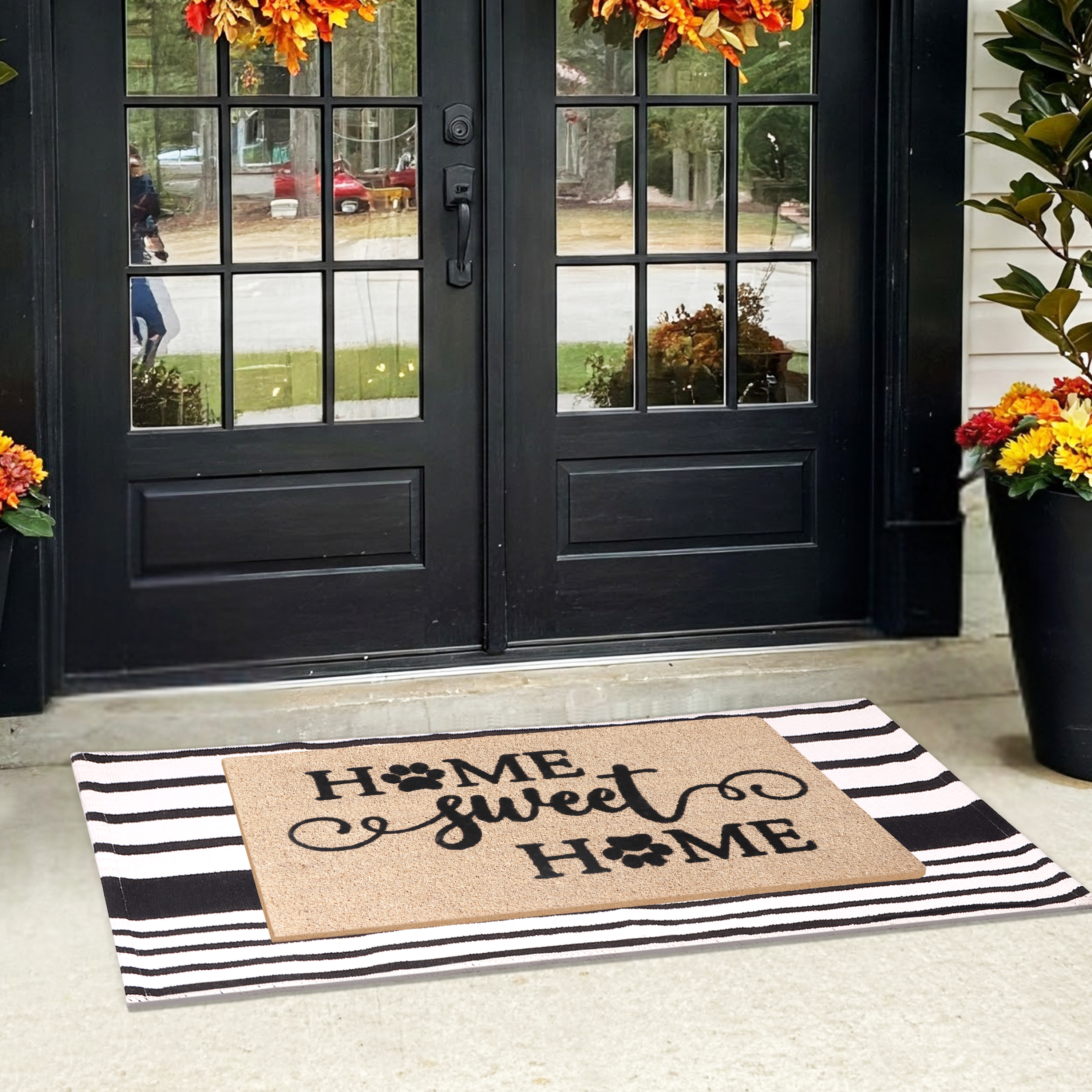 A1HC Coir Welcome Mat and Black & White Striped Cotton Rug Combo Set, 24"x36" & 24"x51", Hand-Woven Washable Entryway Décor