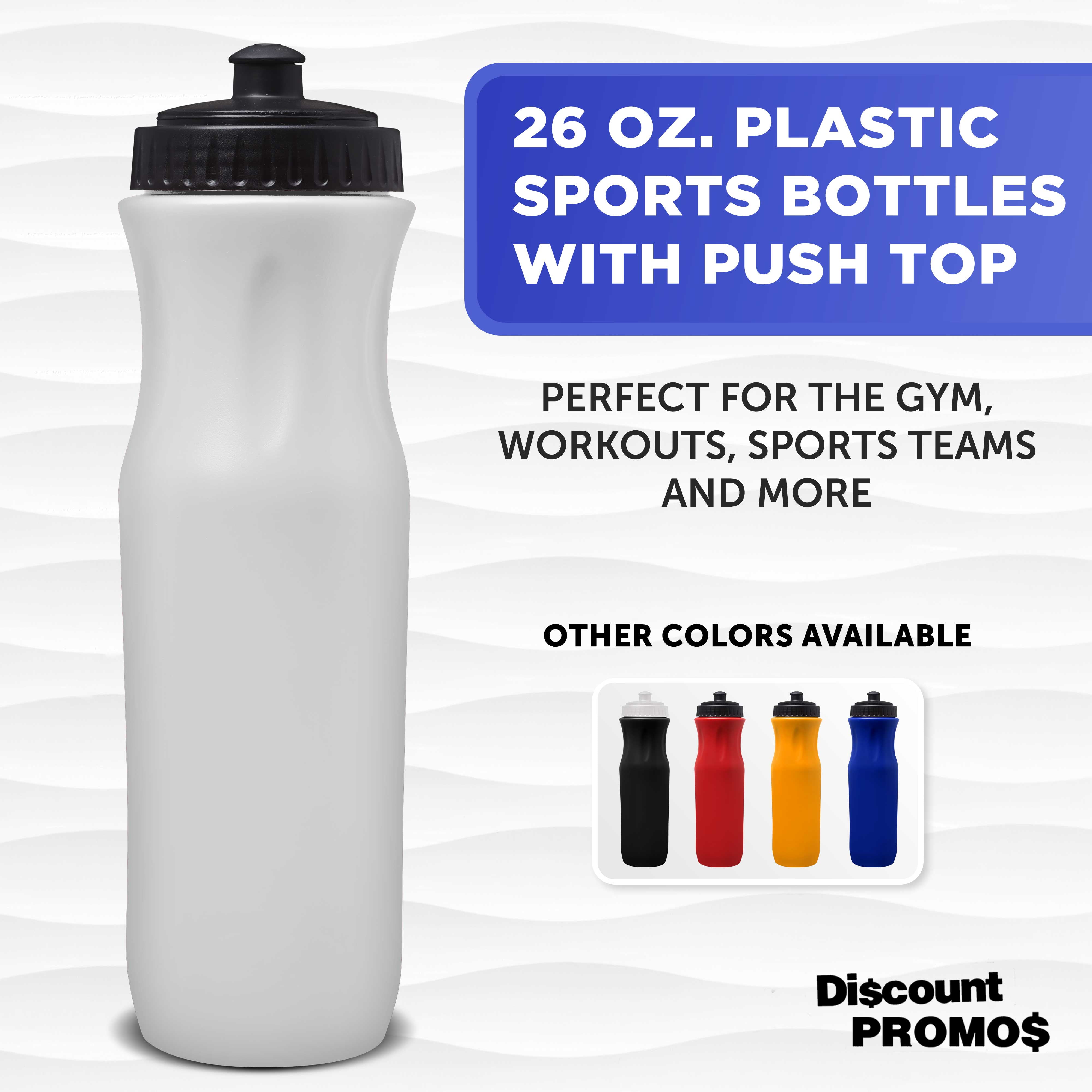 10 Plastic Water Bottles Set, 26 oz. - Black Push Top Lid - White