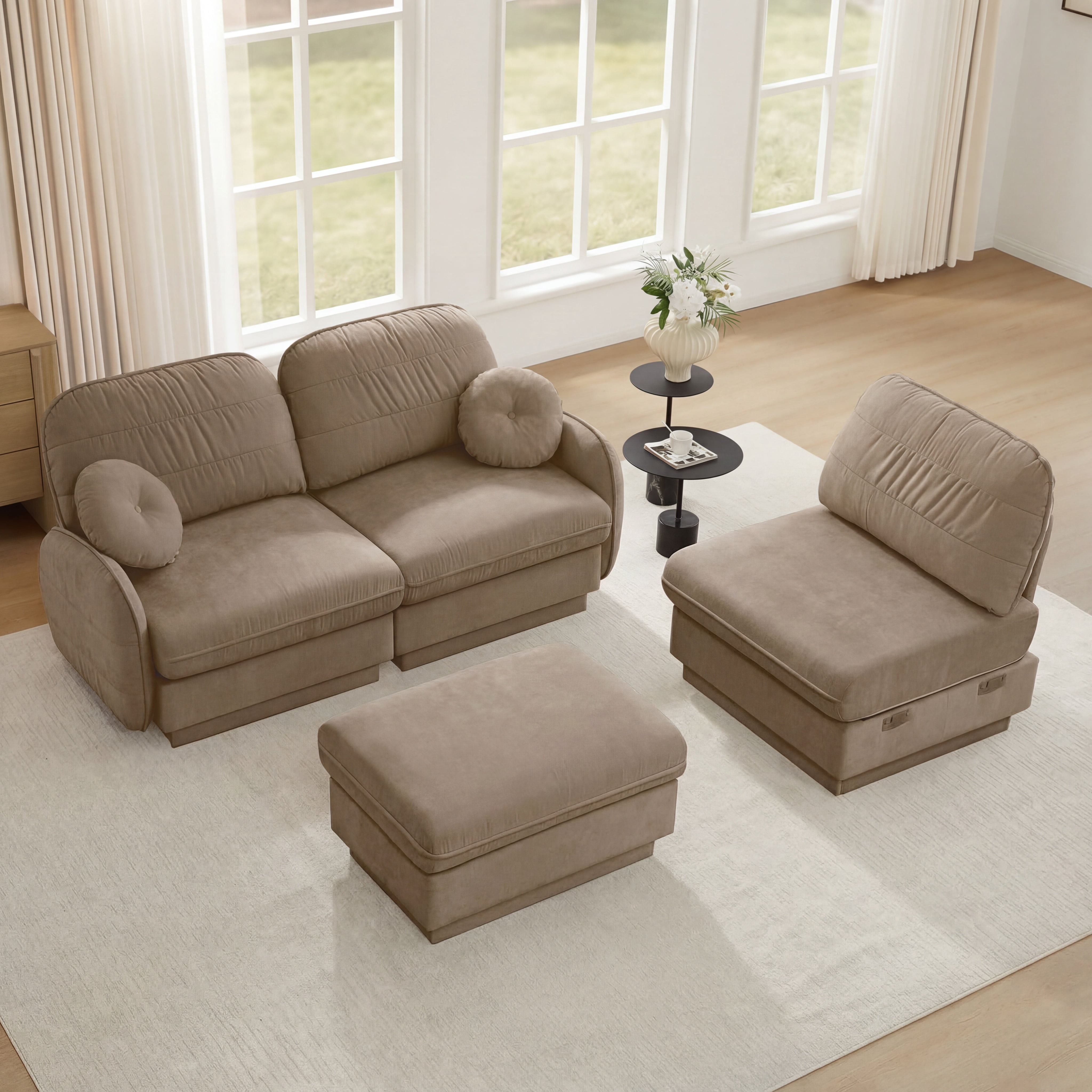 Mintazer 105" Chenille Cloud 3-Seater Modular Sectional Sofa with Movable Ottoman & Round Pillows, L-Shaped Ergonomic Sofa Couch for Living Room, Apartment, Light Coffee