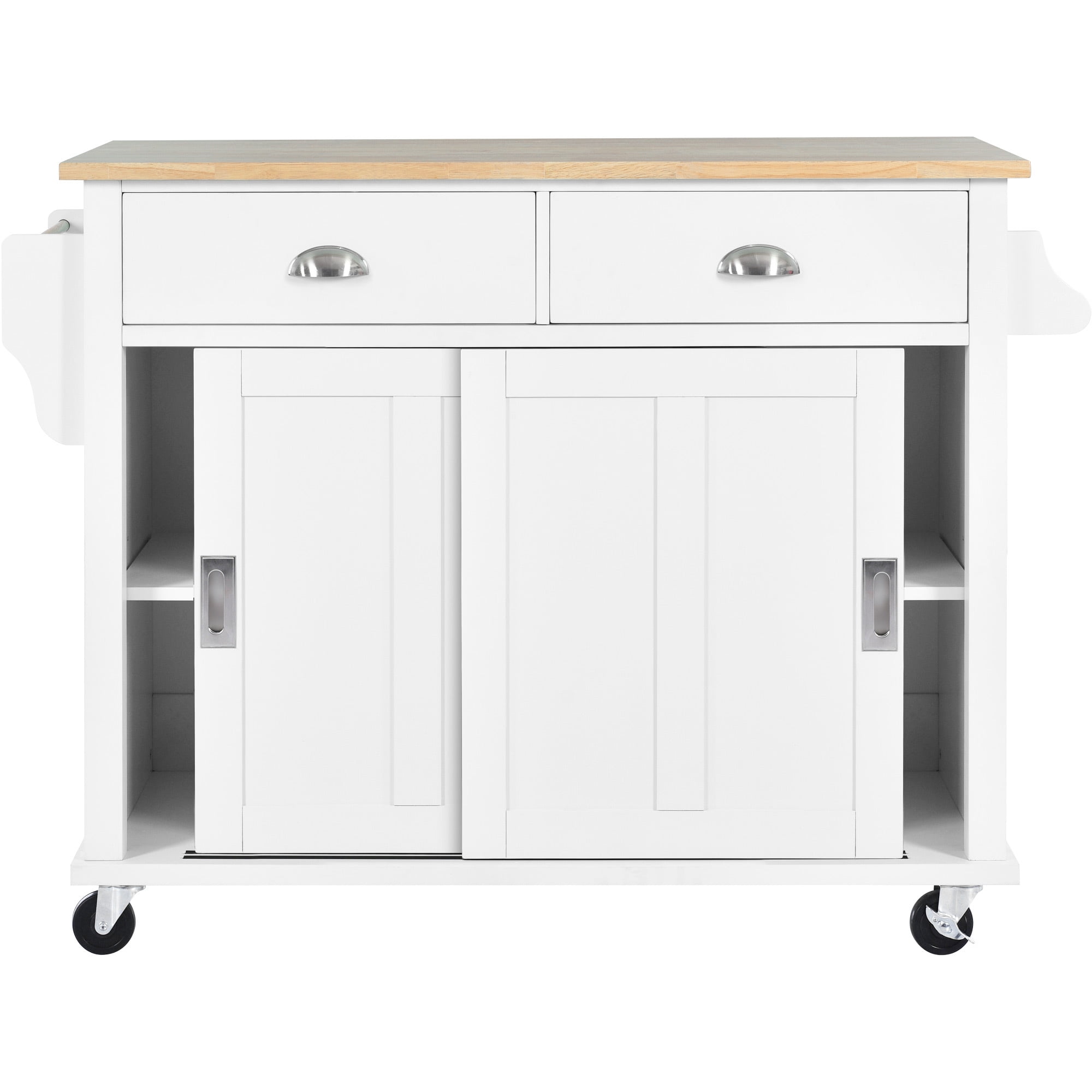Momspeace 52.2 Inch Kitchen Cart Rubber Wood Drop‑Leaf Countertop Concealed Sliding Barn Door Adjustable Height, MDF Material, White/Black/Mint Green