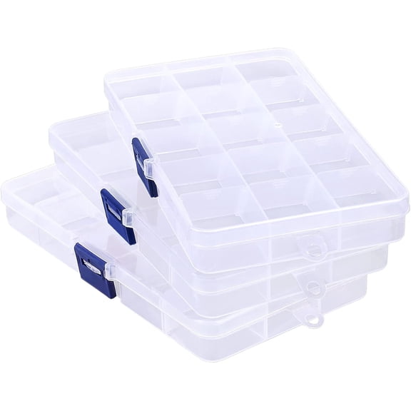 Fake Nail Storage Box, 3 Pack 15-Grid Rhinestone Organizer Case with Dividers, Clear Plastic Empty Containers for Art Crafts, Sewing Supplies, Screws, Rock Collection, Fishing Tackle By PULMCheerger