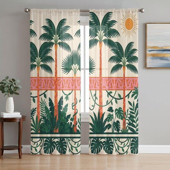 Palm Trees Sheer Curtains 96 Inch Length 2 Panels Set, Tropical Summer Botanical Seaside Voile Window Treatment Semi Sheer Long Curtains Drapes for Bedroom/Living Room/Kitchen 52"x96"x2