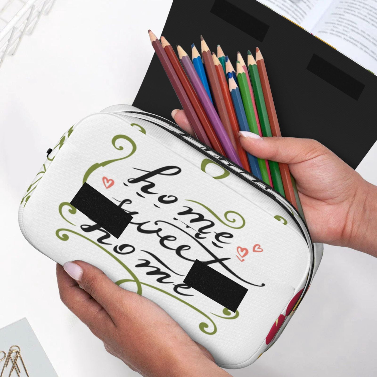 Rateoe Home Sweet Home Floral Pattern Double Clamshell Pen Case, Storage Organizer with Two Zipper Compartments– Holds Up to 50 Pencils & Pens