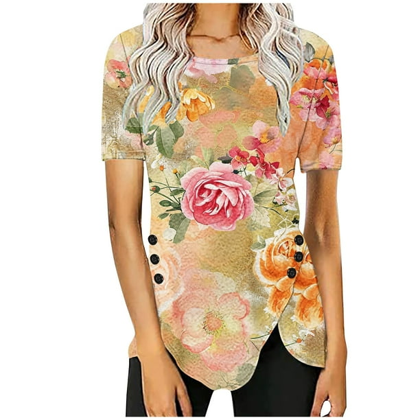 Blusas de Manga Corta para las Mujeres Botón Impreso Cuello Redondo Top Casual, Blusas para las Mujeres Casual