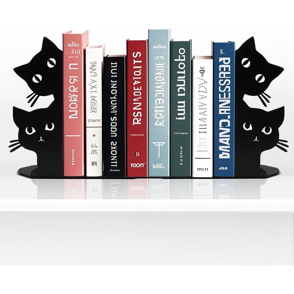 Peeping Cat Bookends for Shelves Decorative, Metal Book Ends for Heavy Books Book Stopper for Office Home Cute Desk Bookshelf Decor Cat Lover Gifts for Women (Black)