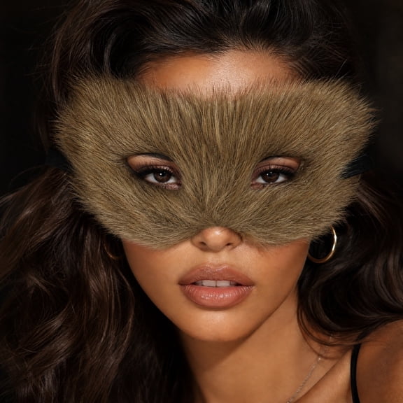 Masquerade Mask for Women Plush Half Face Fox Style 9 Inch Mask for Halloween Party Halloween Accessory Brown, 1 Piece