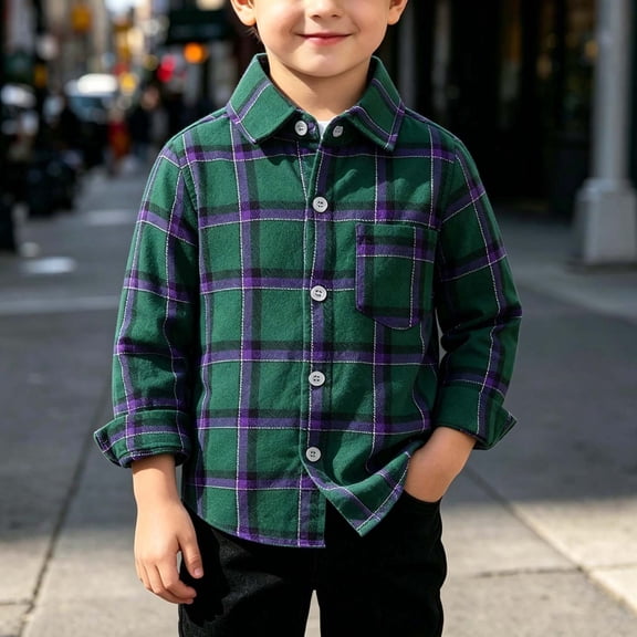 Falkdiz with Pocket Shirts for Boys Long Sleeve Winter Button Up Outdoor Casual Plaid Warm Collar Graphic Boys Tops Travel,Green,Size: 2-3