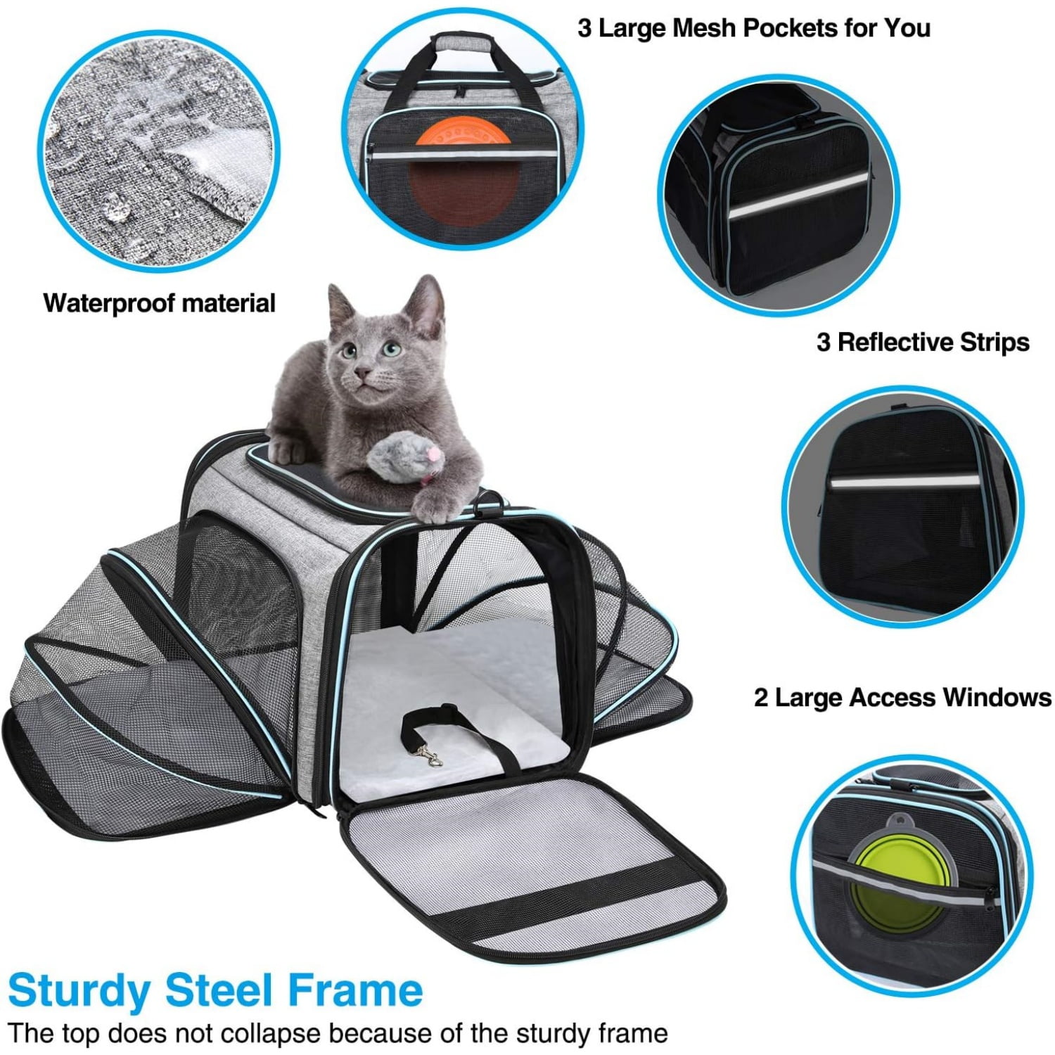 2 Sides Expandable Soft-Sided Large Cats Carrier Collapsible Kennel Travel