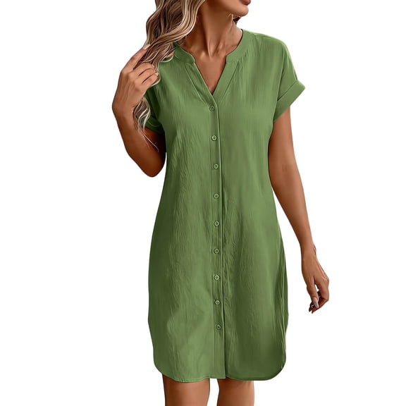 Fashion Min Dresses for Womens 2026 Summer Plus Size Solid Color Casual Button V-Neck Short Sleeve Mini Dress