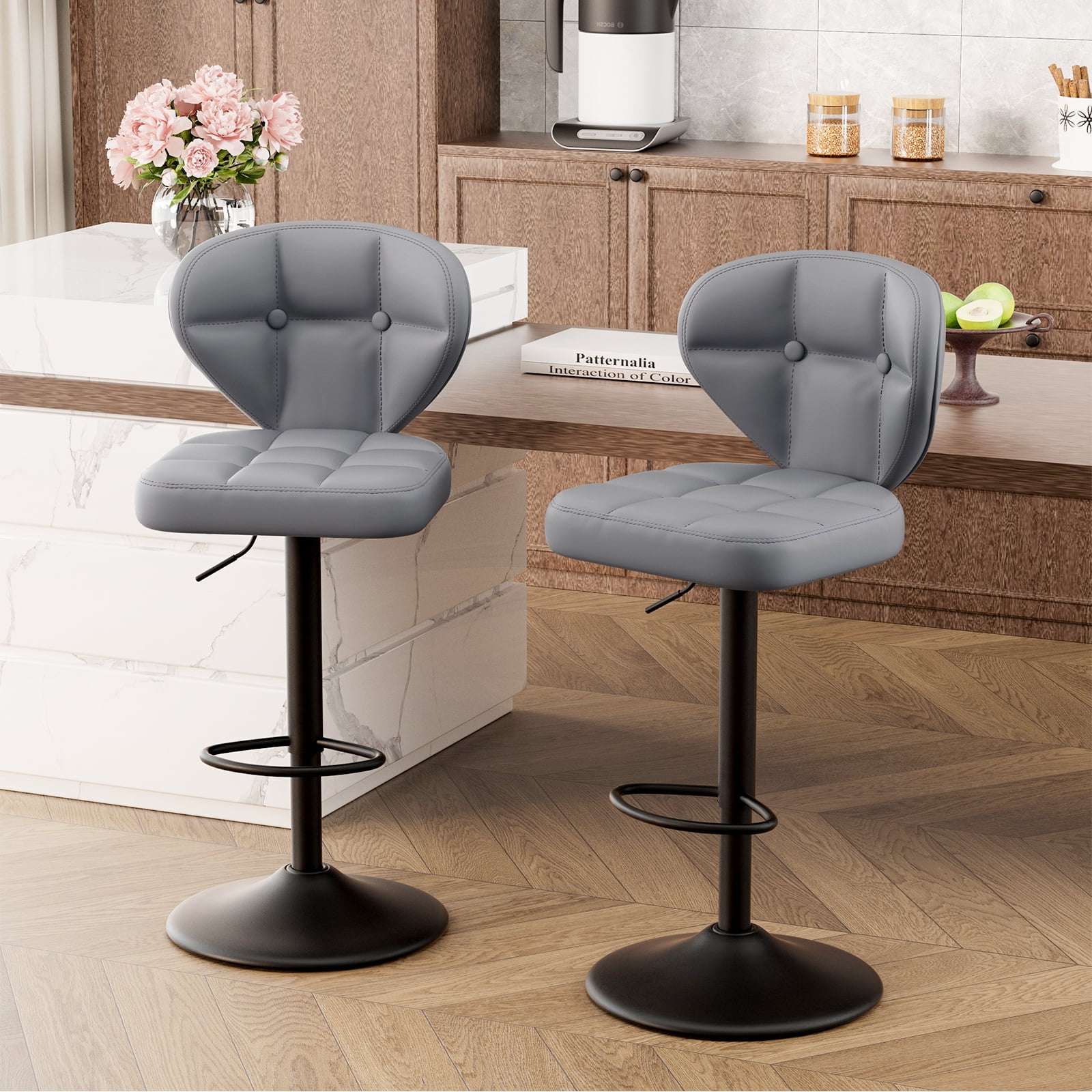 Hawsaiy Vintage Style Leather Bar Stool Set of 4 with Button-Tufted Design,Dark Gray