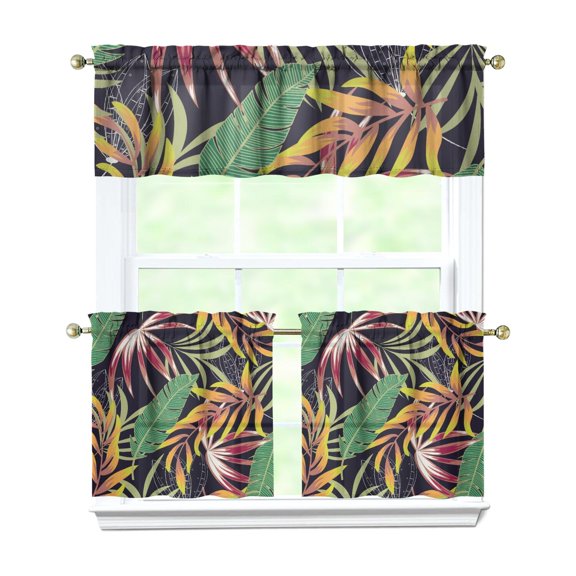 Hawaiian Style Palm Flower Kitchen Curtain Set 27.5x24 Inch, Tropical Polyester Valance with Tiers for Bathroom, Kitchen, Café