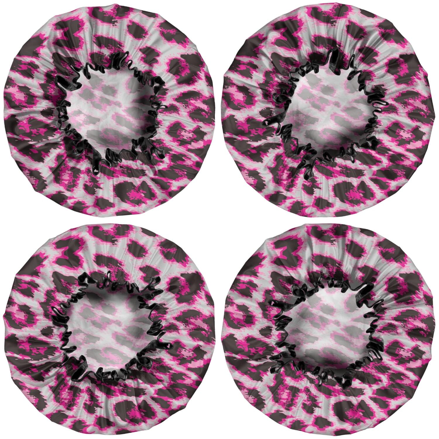 Shower Caps,Pink and Gray Of Leopard Print Waterproof Shower Cap for Women 4 Pieces,Double Reusable Hair Cover for Shower PEVA Elastic Stretch Hem
