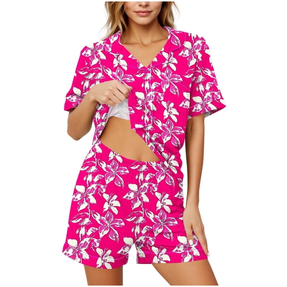 Blmnix Ladies Pajamas Sets Bamboo Pajamas 2 Piece Sleepwear Sets Pajama Pants Collared Cropped Pink Short Sleeve Summer Pajamas for Women,M