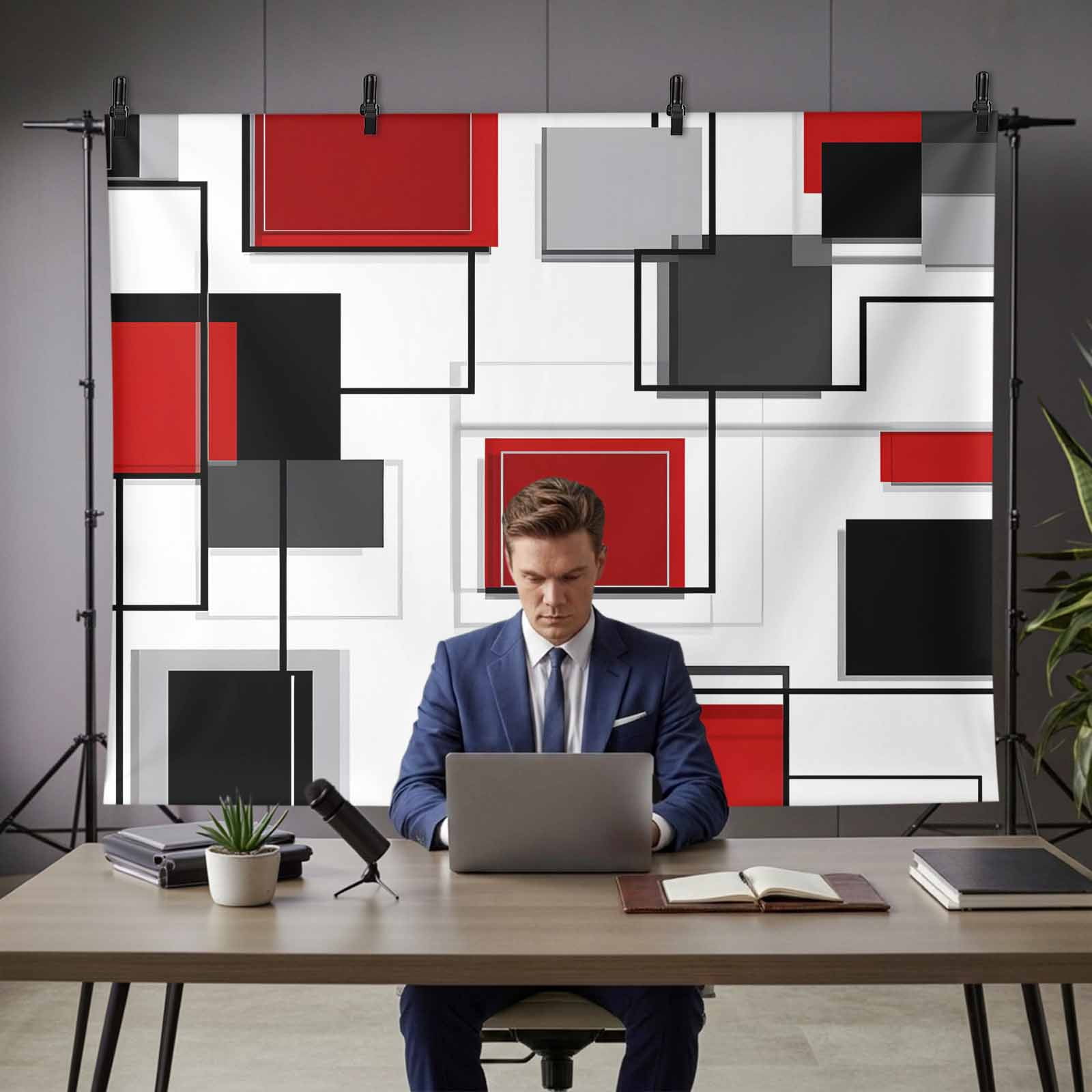 Space Design Sense Backdrop for Photography, Abstract Black Red Stitching Suqare Photo Backdrop Portrait Background Party Banner Photo Backgrounds for Studio Booth Props, 7x5ft
