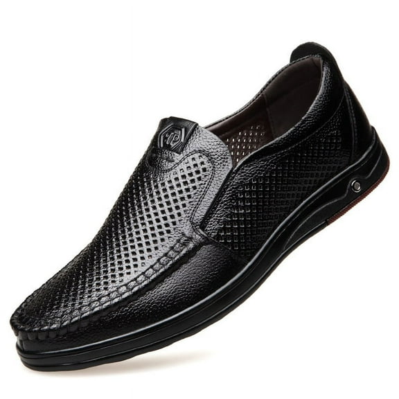 Mens Breathable Loafers Casual Leather Lightweight Genuine Summer Slip-on Hollow Business Outdoor Shoes Black 7.5 US
