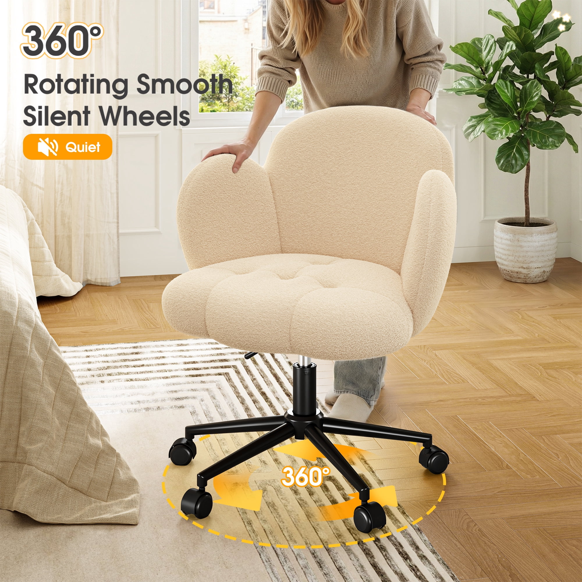 Romorgniz Vanity Chair with Back & Wheels Upholstered Desk Chair Height Adjustable Teddy Velvet Computer Task Chairs for Home Office, Beige