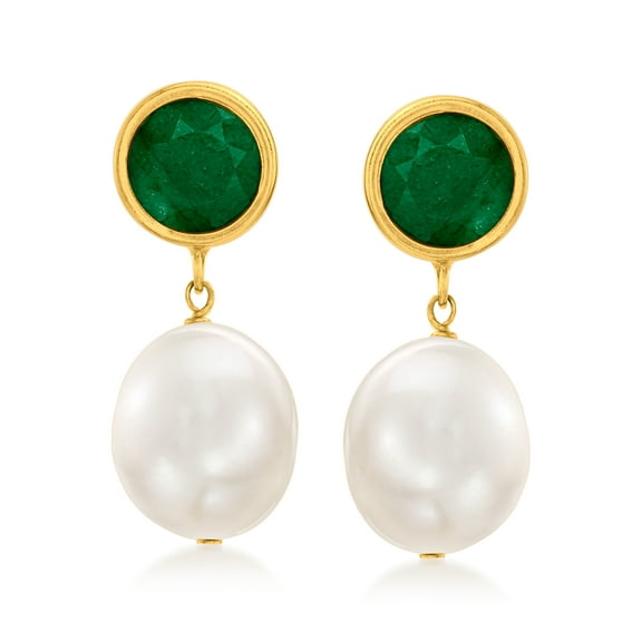 Ross-Simons 9.5-10mm Cultured Pearl and 3.50 ct. t.w. Emerald Drop Earrings in 14kt Yellow Gold, Women's, Adult