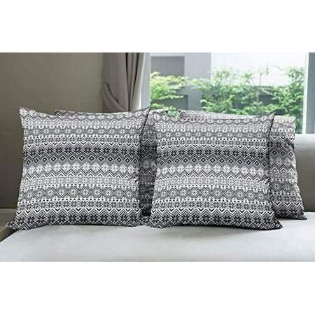 Grey Decorative Throw Pillow Case Pack Of 4, Nordic Snowflake Knit Patterns Scandinavian Motifs Traditional And Modern Print, Cushion Cover For Couch Living Room Car, 18", Grey White