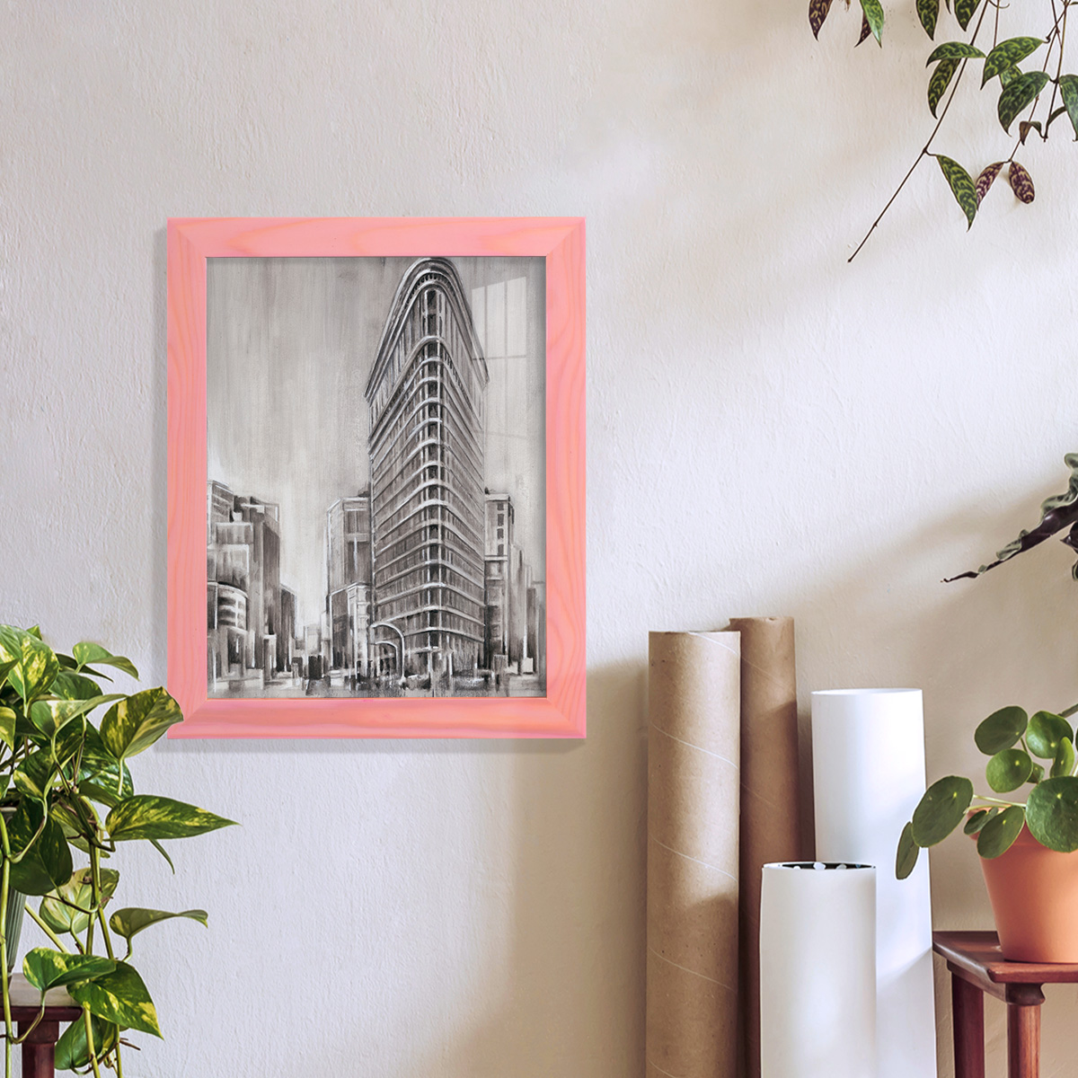 Art Deco Cityscape II -Framed Print w/glass-Sunset Pink