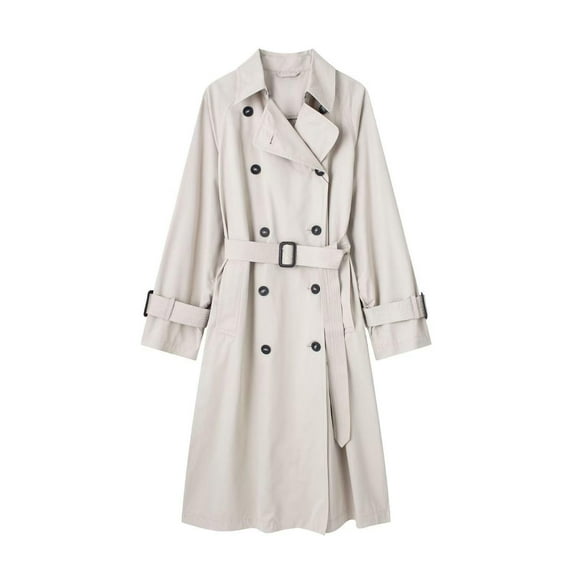 Idoravan Trench Coats for Women Plus Size Fashion Women Long Sleeved Round Neck Solid Color Equipped with A Belt and Strap Embellishment Trench Coat Beige S
