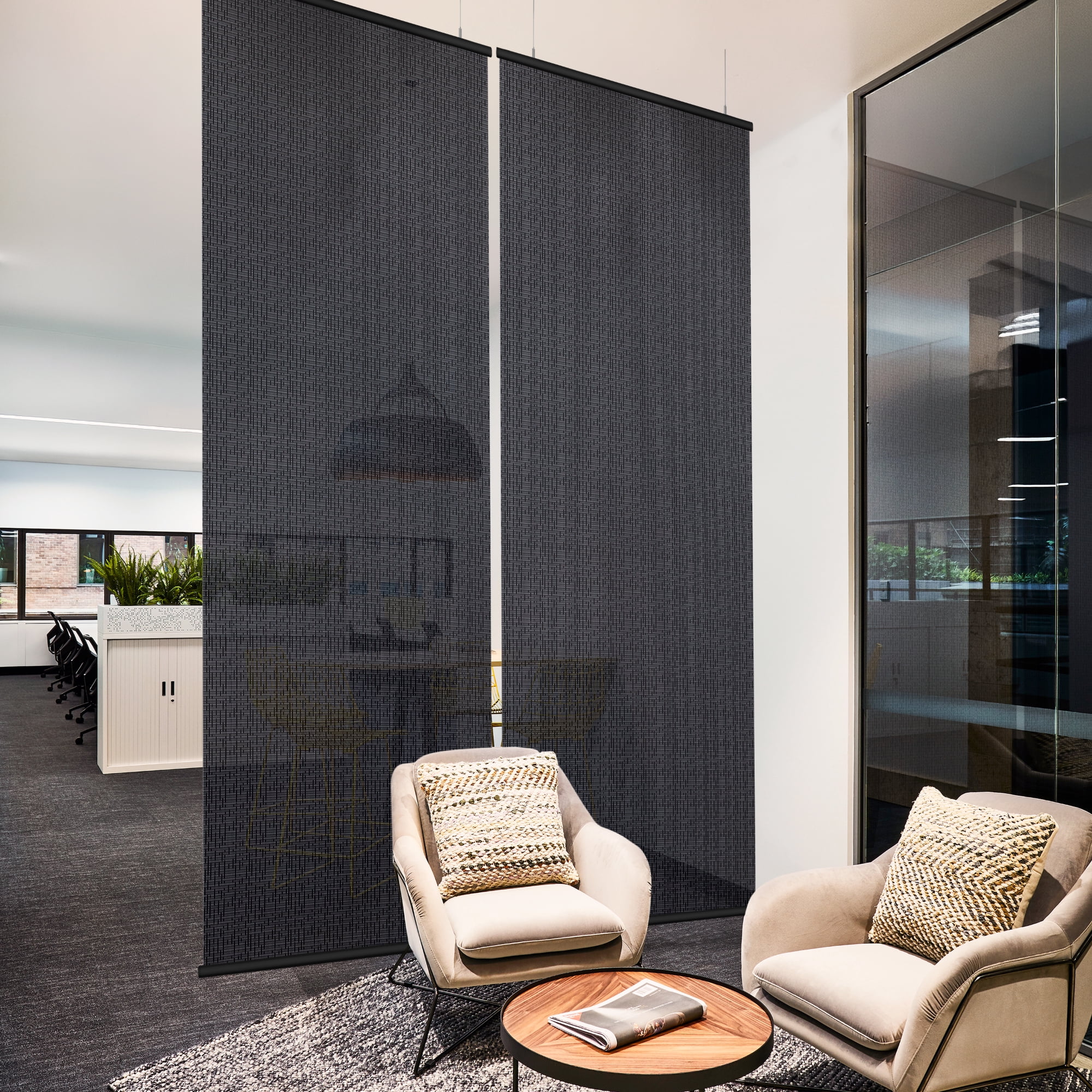 DECOLAB Hanging Room Divider, Ceiling Mount Sheer Fabric Ceiling Suspended Screen Panels for Office, Studio Apartment, Home, Space Saving, Trimmable Length, 36" W x 96" L, pack of 2, Drizzle
