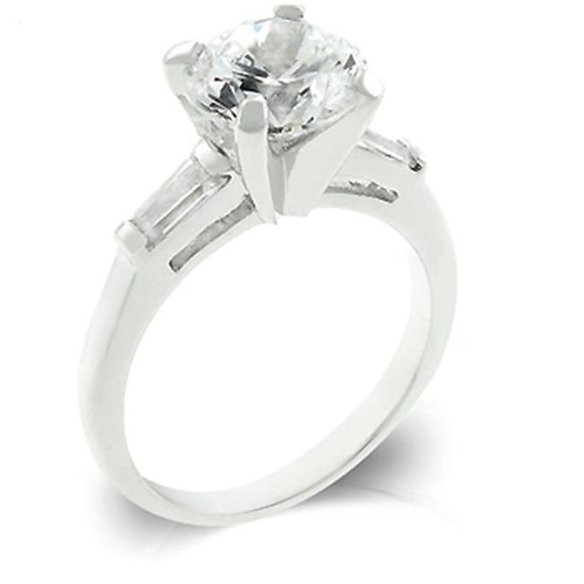Genuine Rhodium Plated Engagement Triplet Featuring Shouldered Emerald Cut and Centered Round Cut Ensemble in Silvertone - Size 5