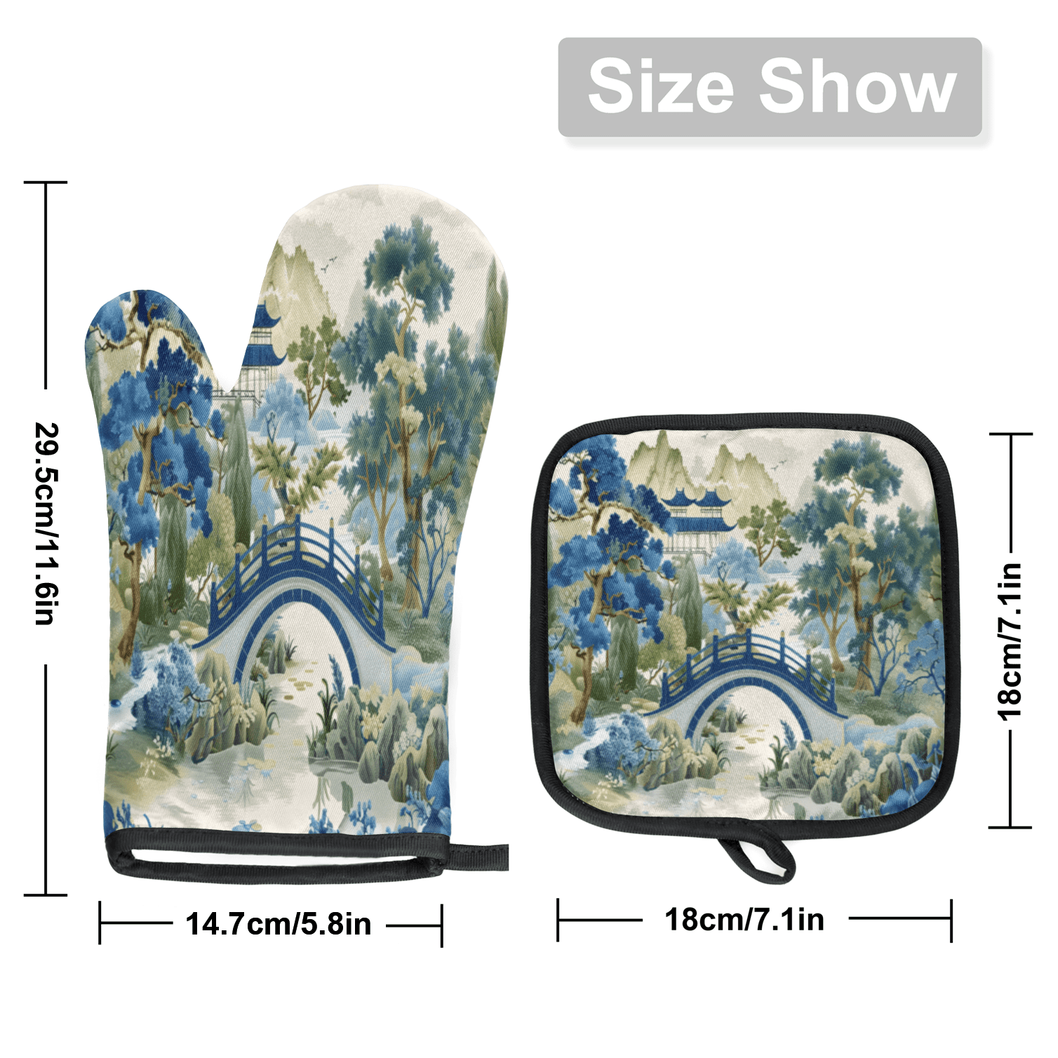 CURLYOOT Japanese Style Asian Blue Green Oven Mitts and Pot Holders Sets of 2, Non-Slip Washable Hot Pads and Oven Gloves for Kitchen Cooking Baking