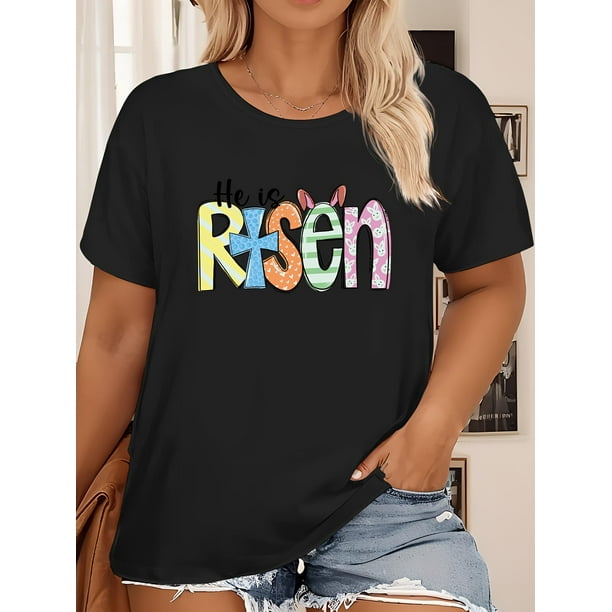 Easter Plus Size Letter Print T-shirt, Short Sleeve Crew Neck Casual Top For Summer & Spring, Women's Plus Size Clothing Tee For Adult, Men, Women, Teen, Teenager, Adolescent, Youth