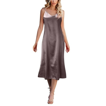 

Women Fashion Solid Dress Sleeveless Strap V Neck Dress Loose Dress Home Nightdress