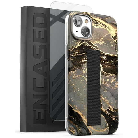 Encased Finger Grip Case Designed for iPhone 14 Case with Hand Strap and Screen Protector (Stretch Loop Phone Holder) Ring Black Marble